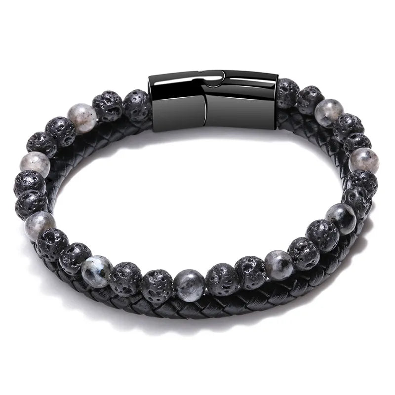 Lava Stone & Leather Unisex Bracelet Grey