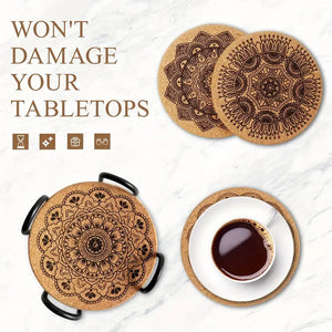 8pcs/set Boho Mandala Coasters - Absorbent Cork Coasters with Holder for Drinks