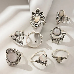 Ring Set - White Opal Look - Fashion Jewellery - Set of 8