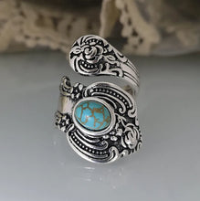 Load image into Gallery viewer, Creative Flower Rose Carved Exaggerated Retro Turquoise Ring