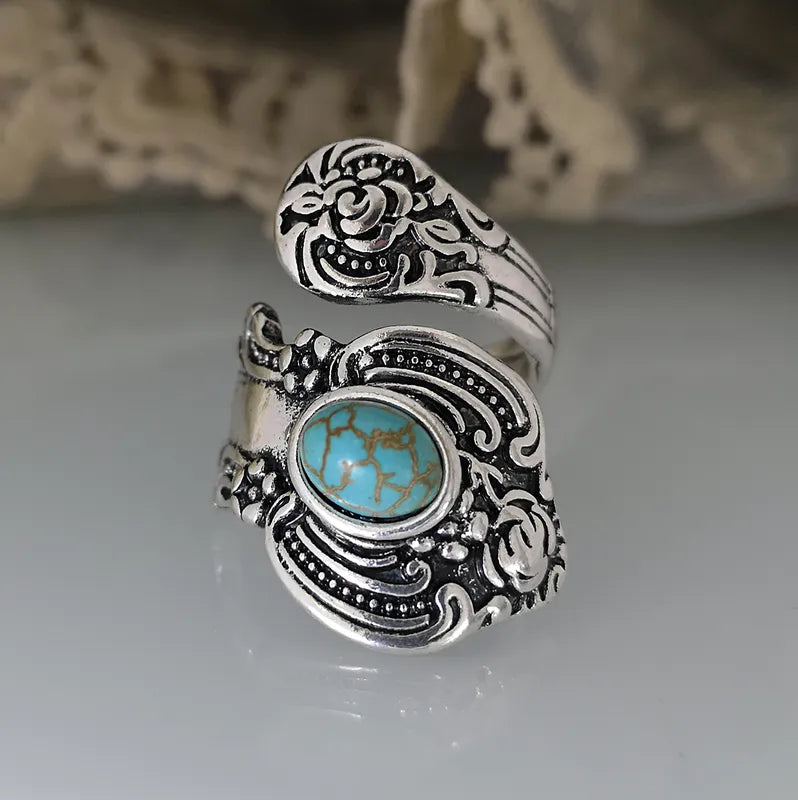 Creative Flower Rose Carved Exaggerated Retro Turquoise Ring