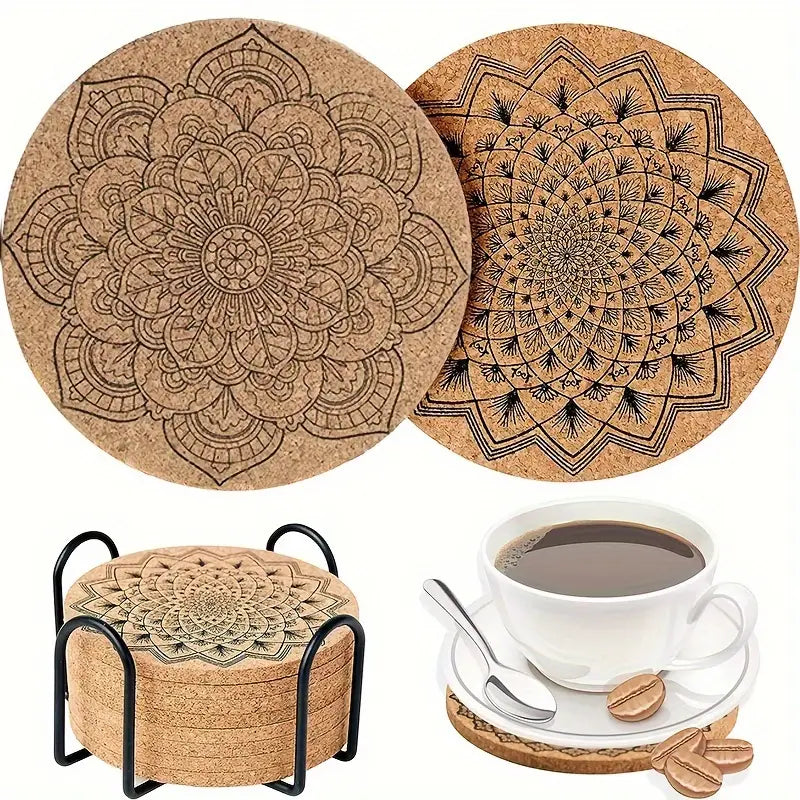 8pcs/set Boho Mandala Coasters - Absorbent Cork Coasters with Holder for Drinks